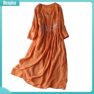 Bộ Đồ Thời Trang Thiết Kế Dễ Thương Cá Tính| Đầm Midi Tay Dài Cổ Tròn Dáng Chữ A Thêu Họa Tiết Thổ Cẩm Phong Cách Cổ Điển Thời Trang Mùa Hè Xinh Xắn Cho Nữ