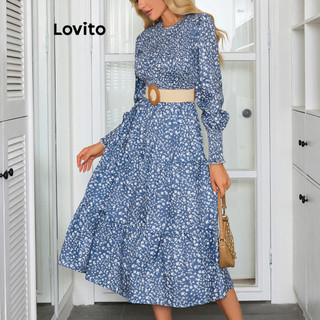 Đầm Lovito vải gân họa tiết hoa nhí phong cách thường ngày cho nữ LBL12223