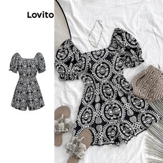 Bộ áo liền quần Lovito họa tiết hoa nhí có dây kéo phong cách boho cho nữ LED104133