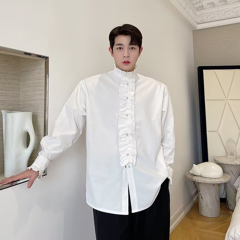 Mới Áo Sơ Mi Tay Dài Màu Trơn Phối Ren Đơn Giản Phong Cách Hàn Quốc