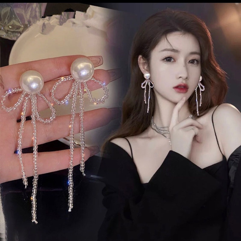 Deartiara Khuyên Tai Xỏ Hạt Ngọc Trai Hình Nơ Phối Tua Rua Thiết Kế Độc Đáo Phong Cách vintage Cho Nữ