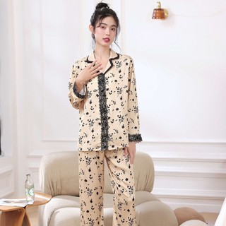 Bộ đồ ngủ tay dài bằng lụa phối ren in họa tiết hoa thời trang mùa thu hàng mới dành cho bạn nữ