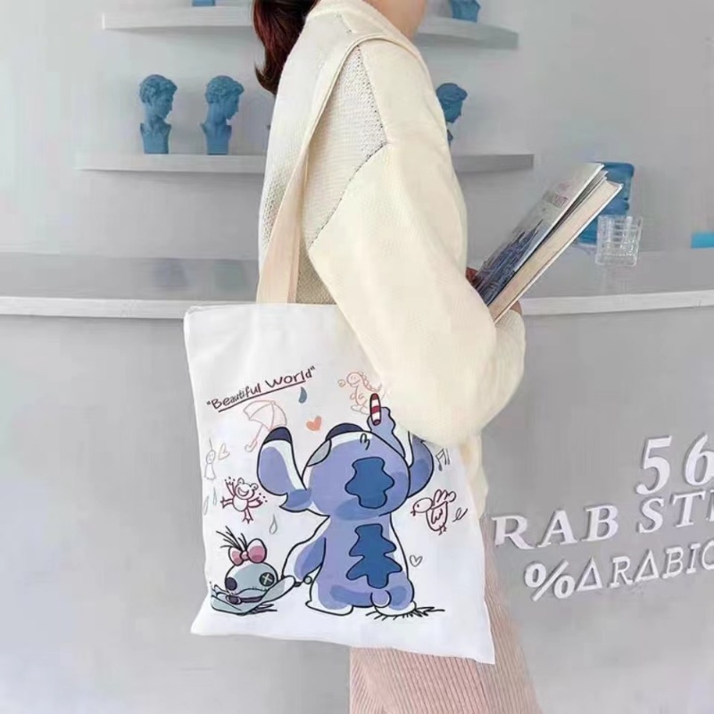 Túi canvas Đeo Chéo Sức Chứa Lớn Họa Tiết Thêu Hoạt Hình stitch Dễ Thương Cho Học Sinh