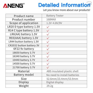 ANENG Battery Tester 168MAX Digital Display Tester Battery Voltage Checker Battery Capacity Testing Tool Universal Tester for Checking AAA AA Button Battery