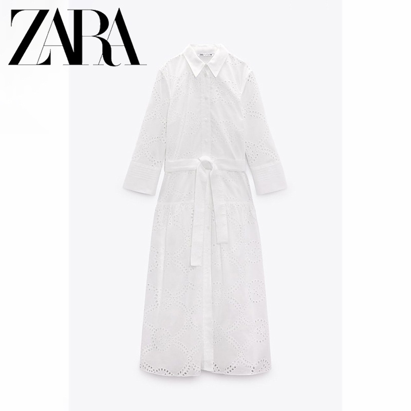 Zara Đầm cotton Dài Trung Bình Thêu Họa Tiết Thời Trang Cho Nữ
