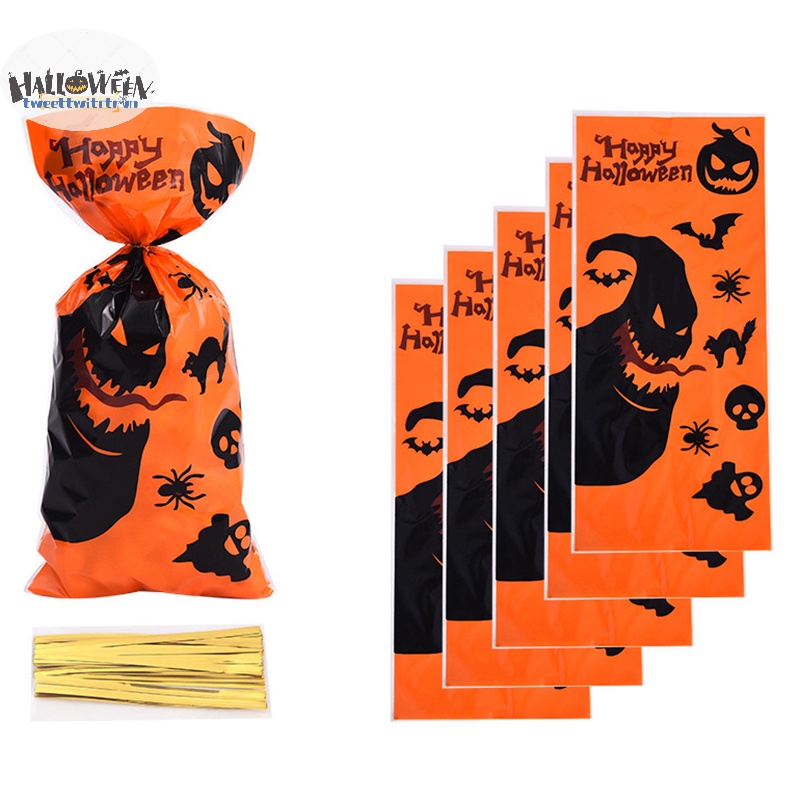 Tri Set 50 Túi Đựng Kẹo halloween 12.5 X 27.5cm Có Dây Ruy Băng Trang Trí halloween