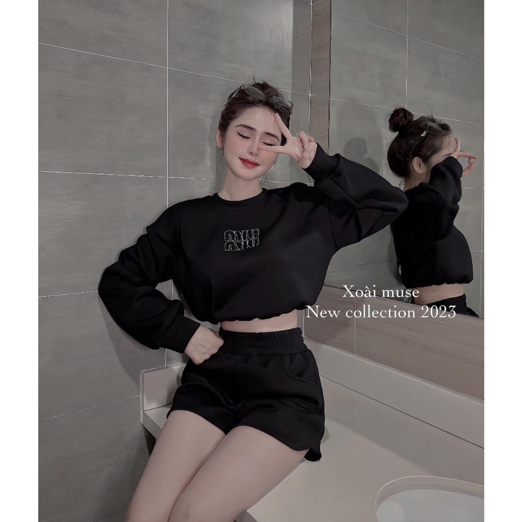 Sét áo cortop tay dài mix quần đùi chữ đá nổi sịn đét TN655CCC