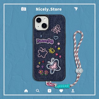 Ốp điện thoại dây chuyền thêu hoa bướm Denim Hàn Quốc Tương thích cho iPhone 16 17 15 15Pro 14 13 12 Pro Max 11 Vỏ di động TPU chống bụi chống thất lạc