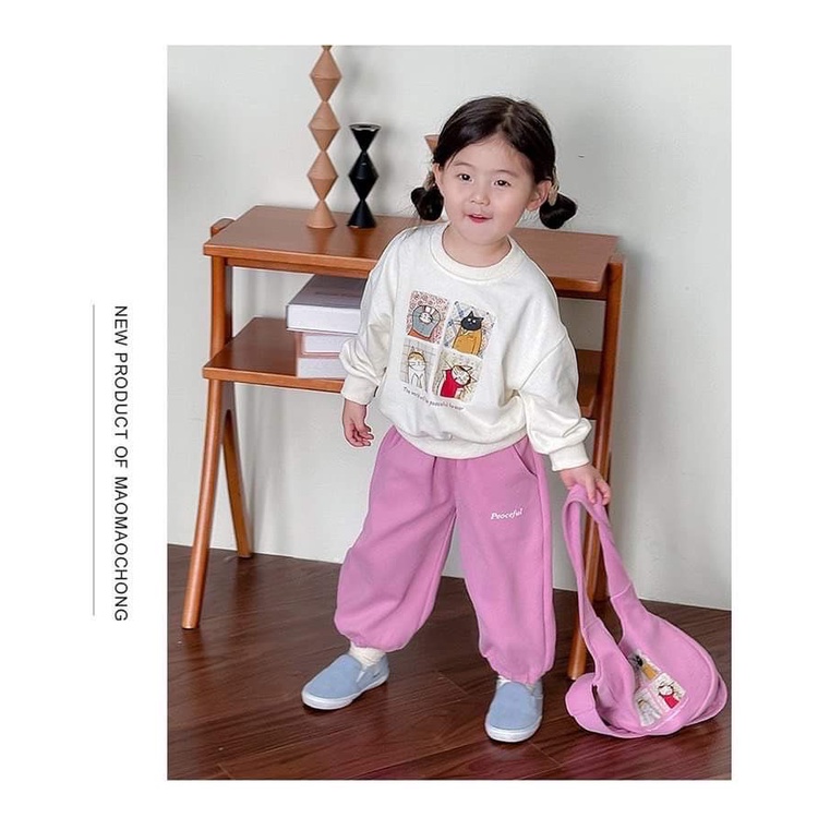 G687 - BỘ BÉ GÁI NỈ TRẮNG HÌNH MÈO KÈM TÚI