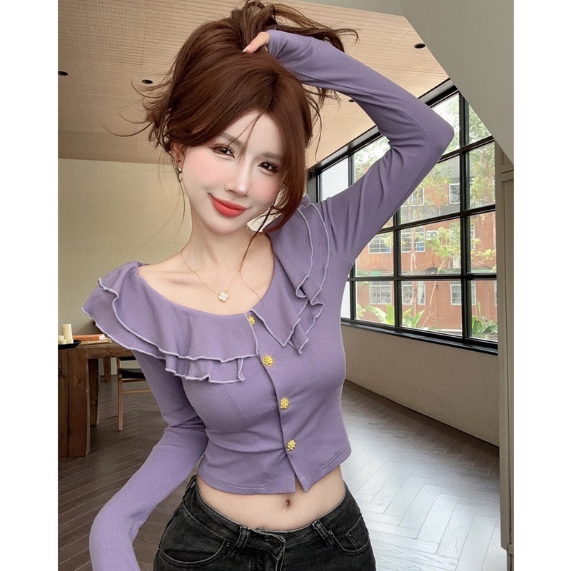 Áo Thun Tay Dài Cổ Chữ v Nhún Bèo Thời Trang Mùa Thu Quyến Rũ Cho Nữ