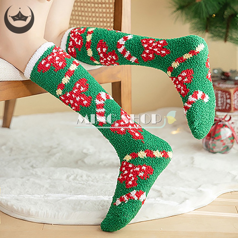 Ming Vớ Lông Cừu San Hô Ấm Áp Hình Ông Già Noel Tuần Lộc Giáng Sinh