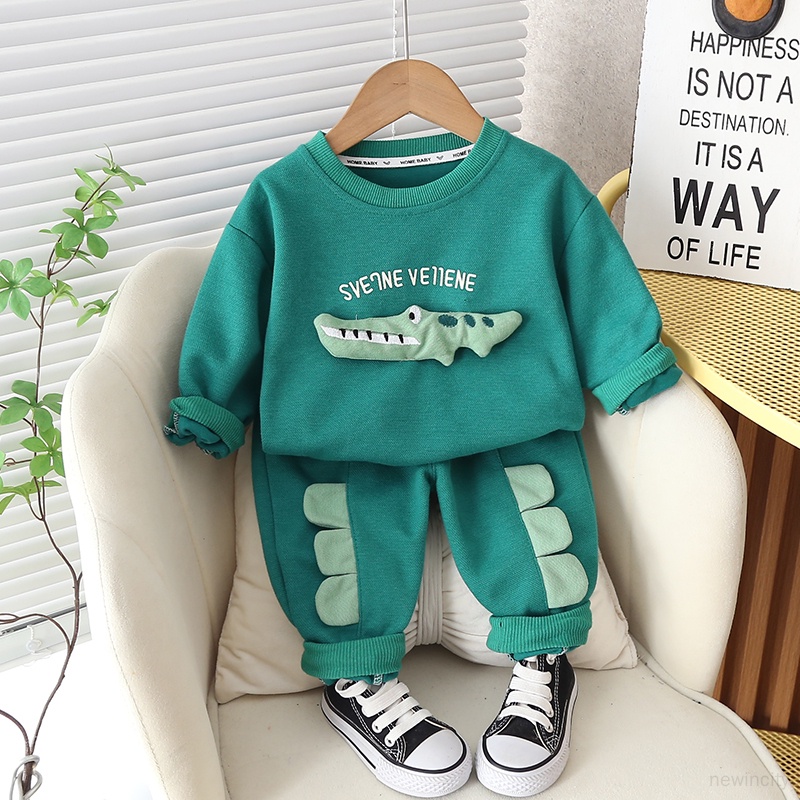 Set Áo Hoodie In Hình Cá Sấu Hoạt Hình + Quần Dài Phong Cách Hàn Quốc Cho Bé