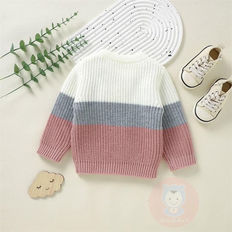 Laa6-áo sweater Dệt Kim Tay Dài Cổ Thuyền Ấm Áp Màu Sắc Tương Phản Cho Bé