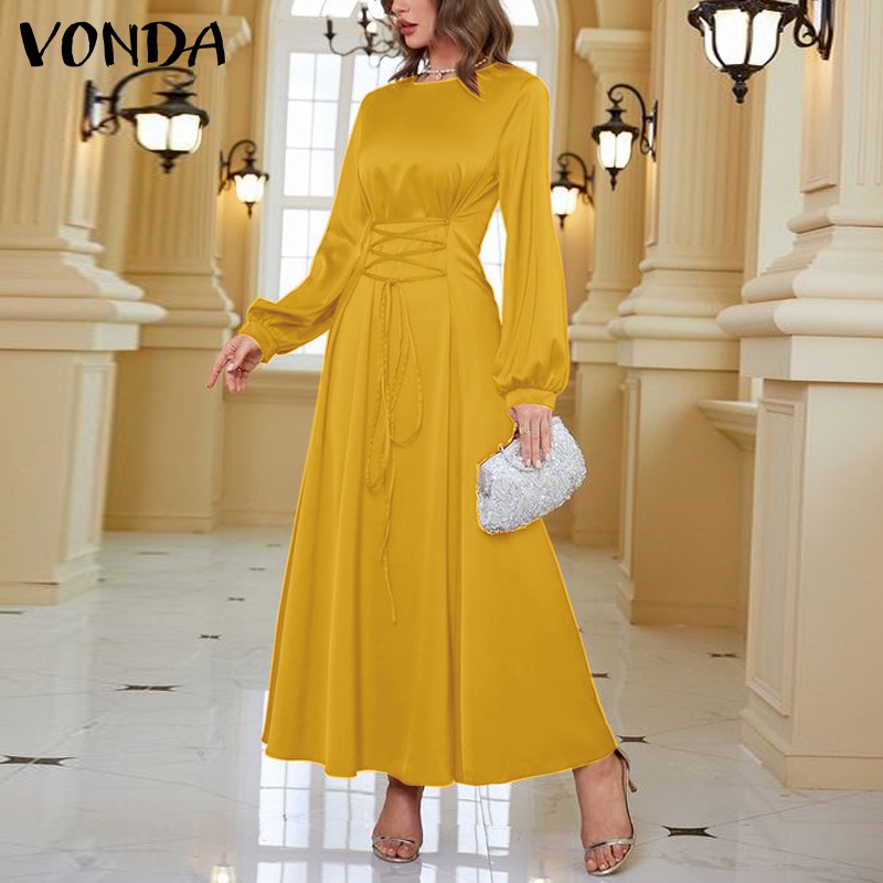 Đầm VONDA satin dài tay cổ tròn thiết kế xếp ly thắt eo phong cách cổ điển cho nữ