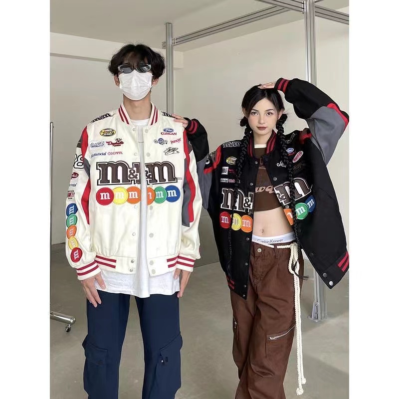 Áo khoác bóng chày nam ngắn tay dài một hàng nút in chữ kỹ thuật số Đa năng thời trang harajuku mới cho cặp Đôi