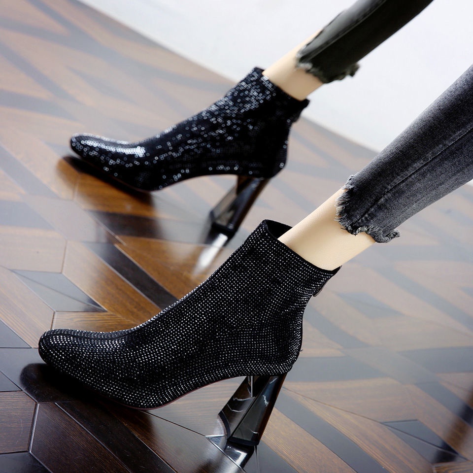 Giày Bốt martin Gót Dày Mũi Vuông Đính Đá Thời Trang Thu Đông Hàn Quốc Mới 2023