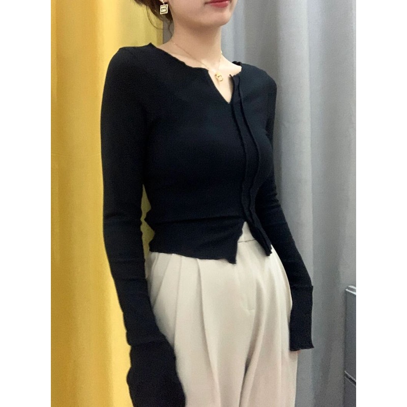 Áo Thun Croptop Tay Dài Cổ Chữ v Thời Trang Thu Đông Cho Nữ