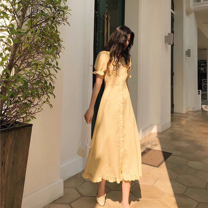 Thời Trang Đầm Tay Phồng Cổ Búp Bê Màu Trơn Ngọt Ngào Phong Cách Hàn Quốc
