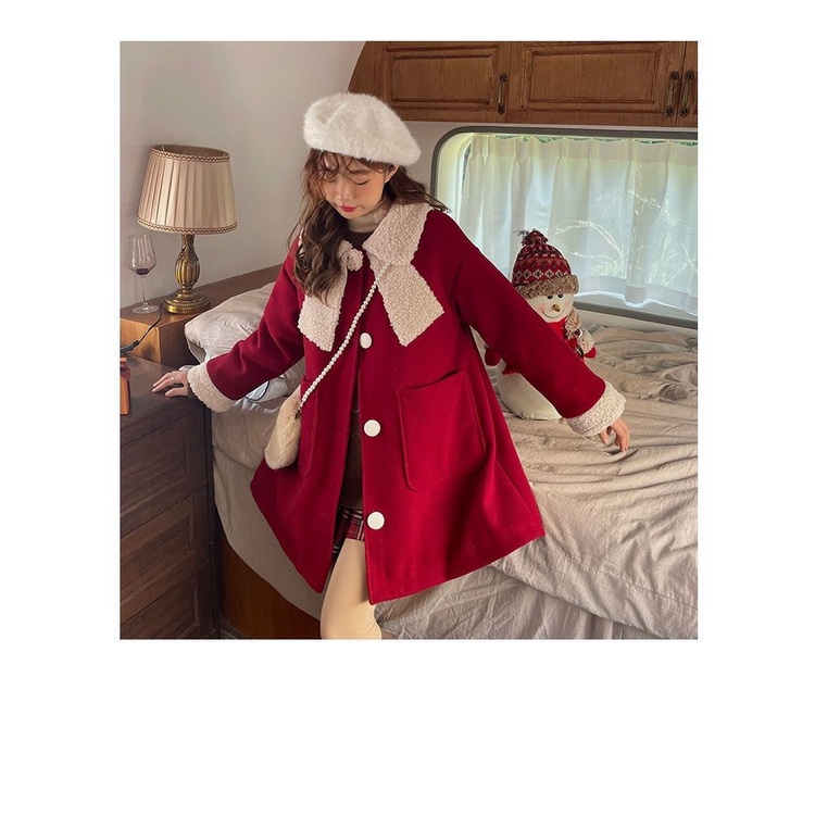 Sugemiusi Áo Khoác Len Lông Cừu Cổ Búp Bê Thắt Nơ Phong Cách Giáng Sinh Năm Mới