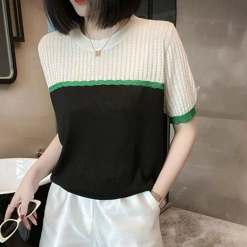 Áo Thun Tay Ngắn Cổ Tròn Họa Tiết Kẻ Sọc Màu Sắc Tương Phản Thời Trang Cho Nữ