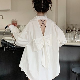 Áo khoác sơ mi dáng rộng thắt nơ sau lưng xinh xắn cho nữ