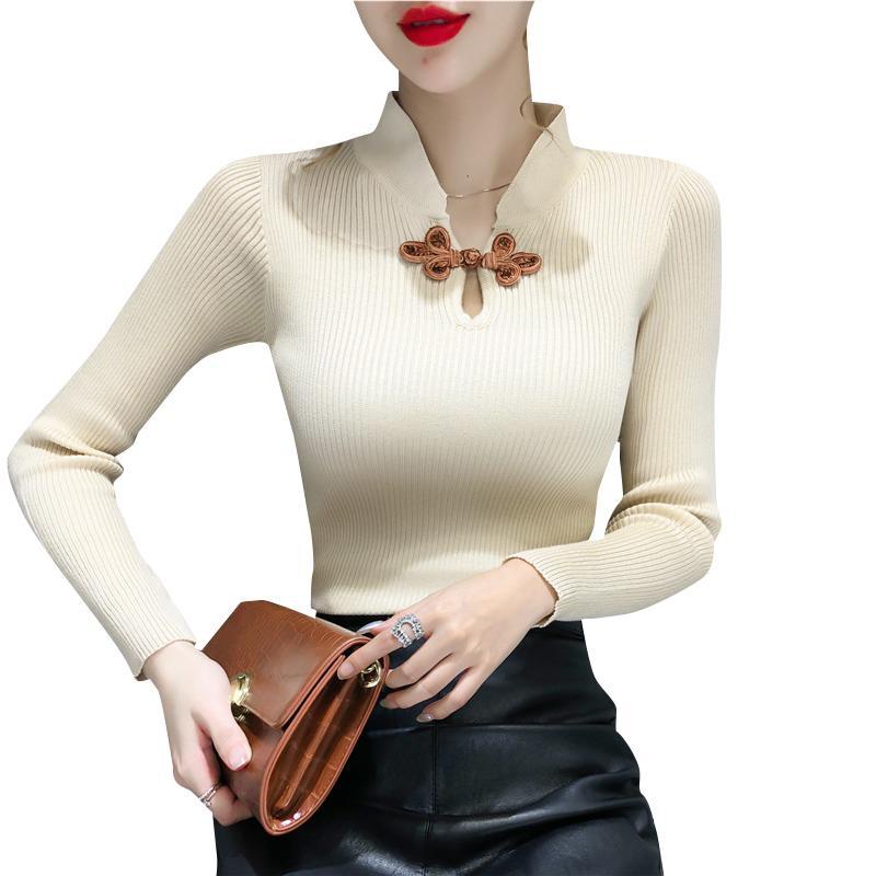 Áo sweater Dệt Kim Tay Dài Dáng Ôm Phong Cách retro Dành Cho Nữ