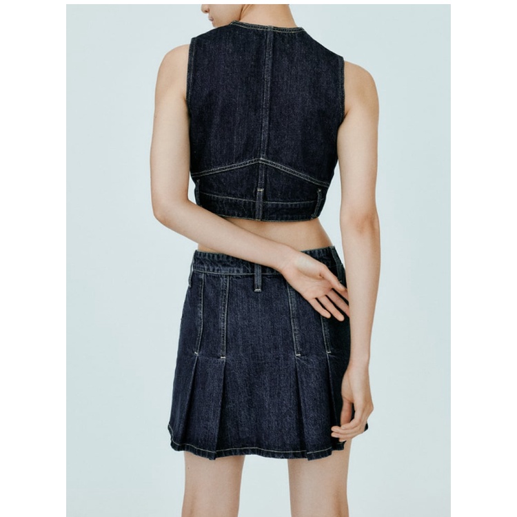 Zara Bộ Áo Khoác Sát Nách Cổ Chữ v + Chân Váy denim Xếp Ly Thời Trang Thu Đông 233216212 3216270