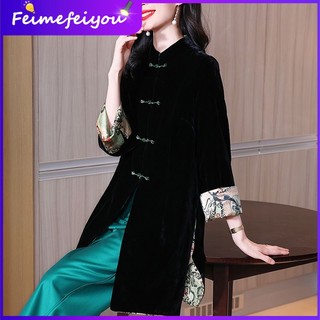 Áo khoác cardigan cổ đứng bằng lụa phối nhung tay dài in họa tiết hoa cài nút phong cách trung hoa thời trang cao cấp