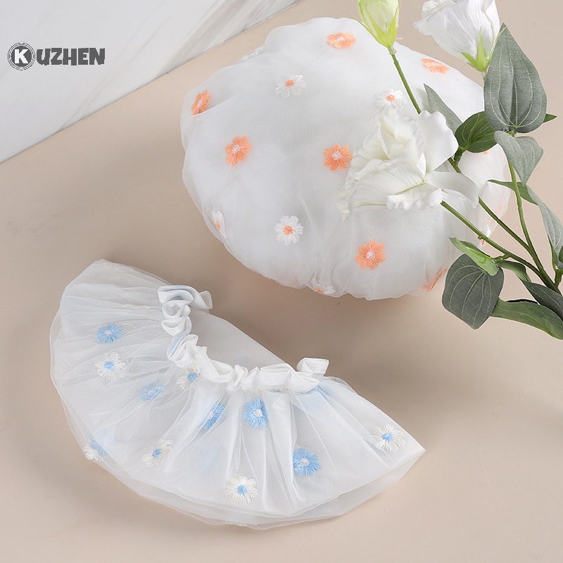 Mũ tắm KUZHEN hai lớp dày dặn thêu hoa chống nước và dầu cho phòng tắm/ spa
