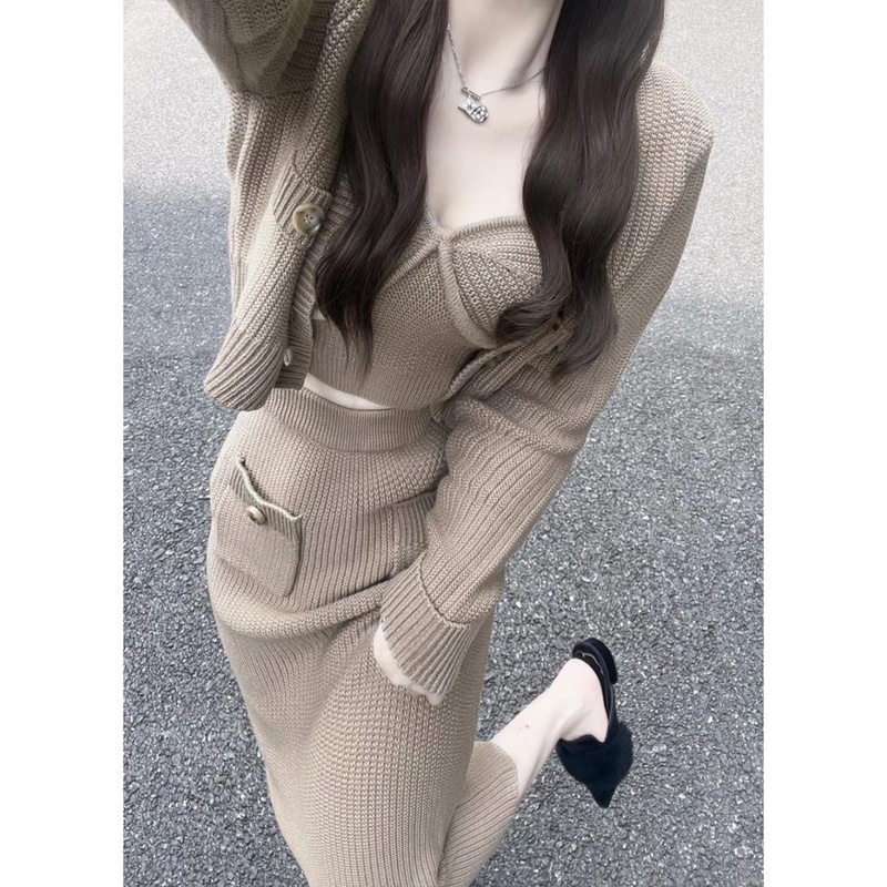Bộ Áo cardigan Dệt Kim Ba Mảnh Dáng Ôm + Chân Váy Lửng Thời Trang Dành Cho Nữ