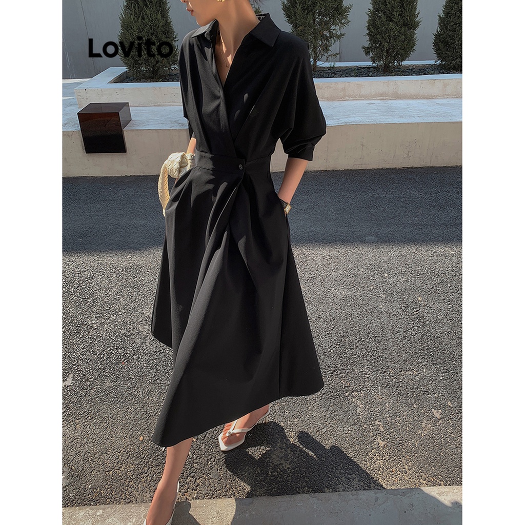 Đầm Lovito có túi tôn dáng màu trơn thanh lịch cho nữ L65ED174