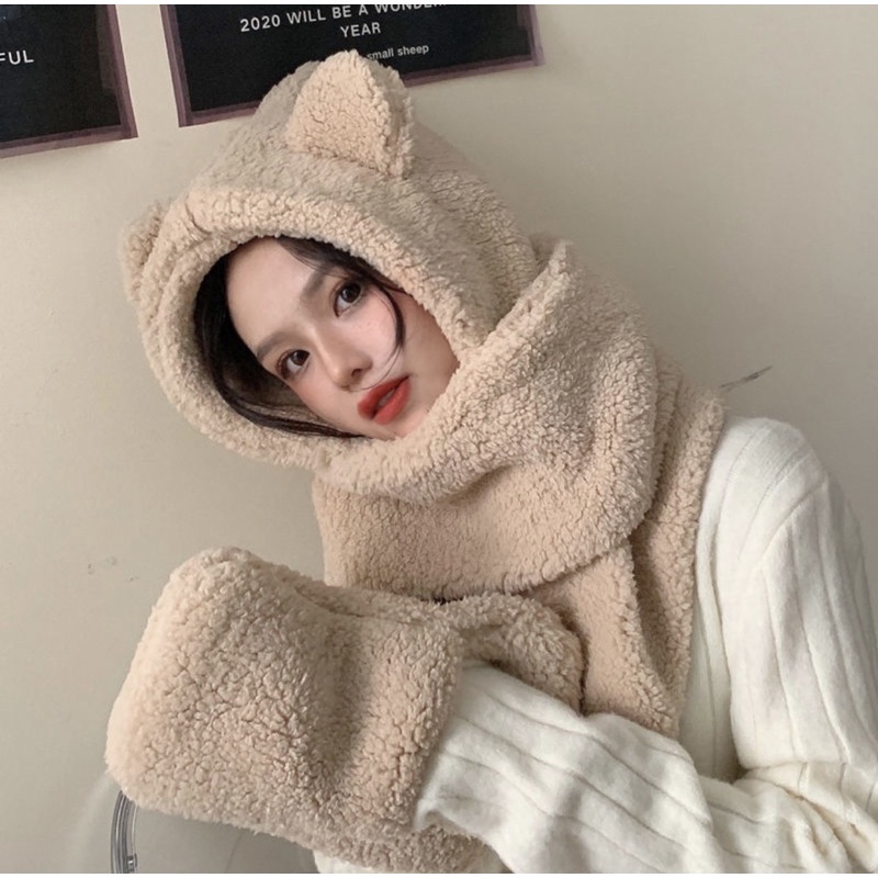 PVN22735 Mũ Lông liền Khăn Tai Gấu Có Chỗ Xỏ Tay T888