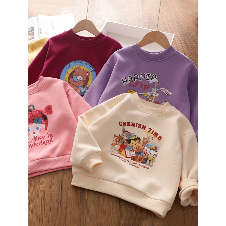 Áo Len Lông Cừu Chui Đầu Cổ Tròn in Hoạt Hình Phong Cách Nước Ngoài Giữ Ấm Cho Bé Gái