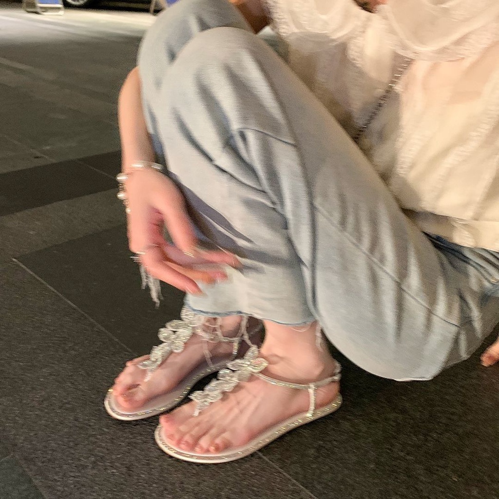 Giày Sandal Xỏ Ngón Đế Bằng Quai Ren Đính Đá Thời Trang Mùa Hè 2023