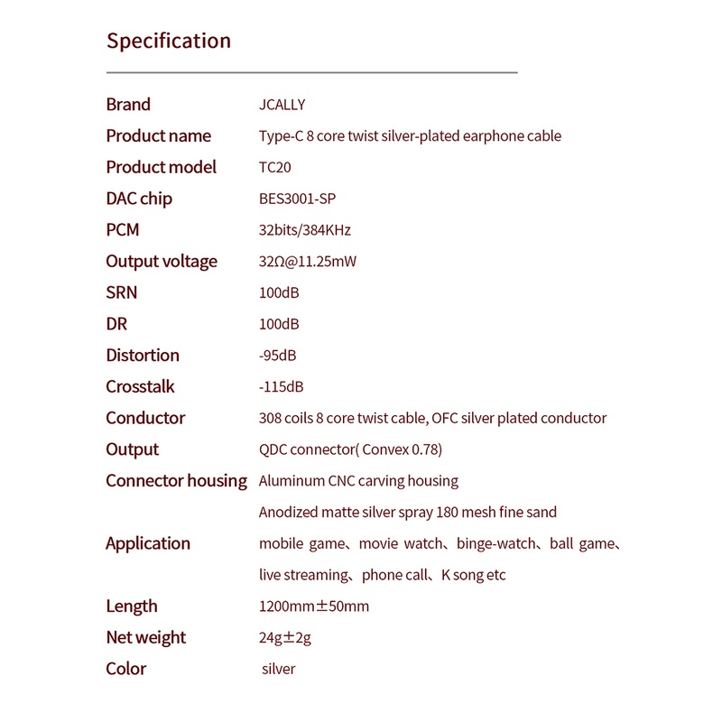Jcally Cáp Tai Nghe Mạ Bạc tc20 type-c 8 Lõi bes3001-sp dac Kèm mic Cho kz trn