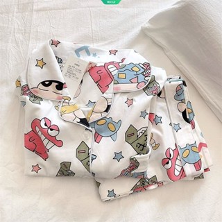  Hoạt Hình Bộ Đồ Ngủ Hai Mảnh Áo Thun Tay Dài In Hình shin Cậu Bé Bút Chì + Quần Dài Dáng Rộng Thời Trang Xuân Thu Cho Học Sinh 