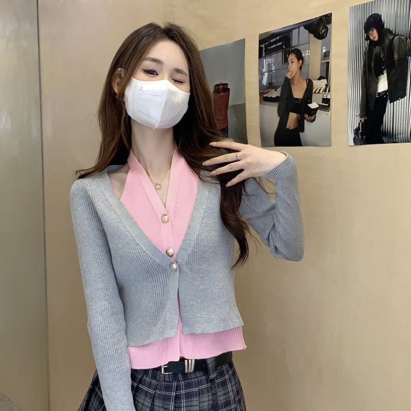 Áo cardigan Cổ Chữ v Tay Dài Giả Hai Lớp Màu Sắc Tương Phản Thời Trang Mùa Thu Cho Nữ