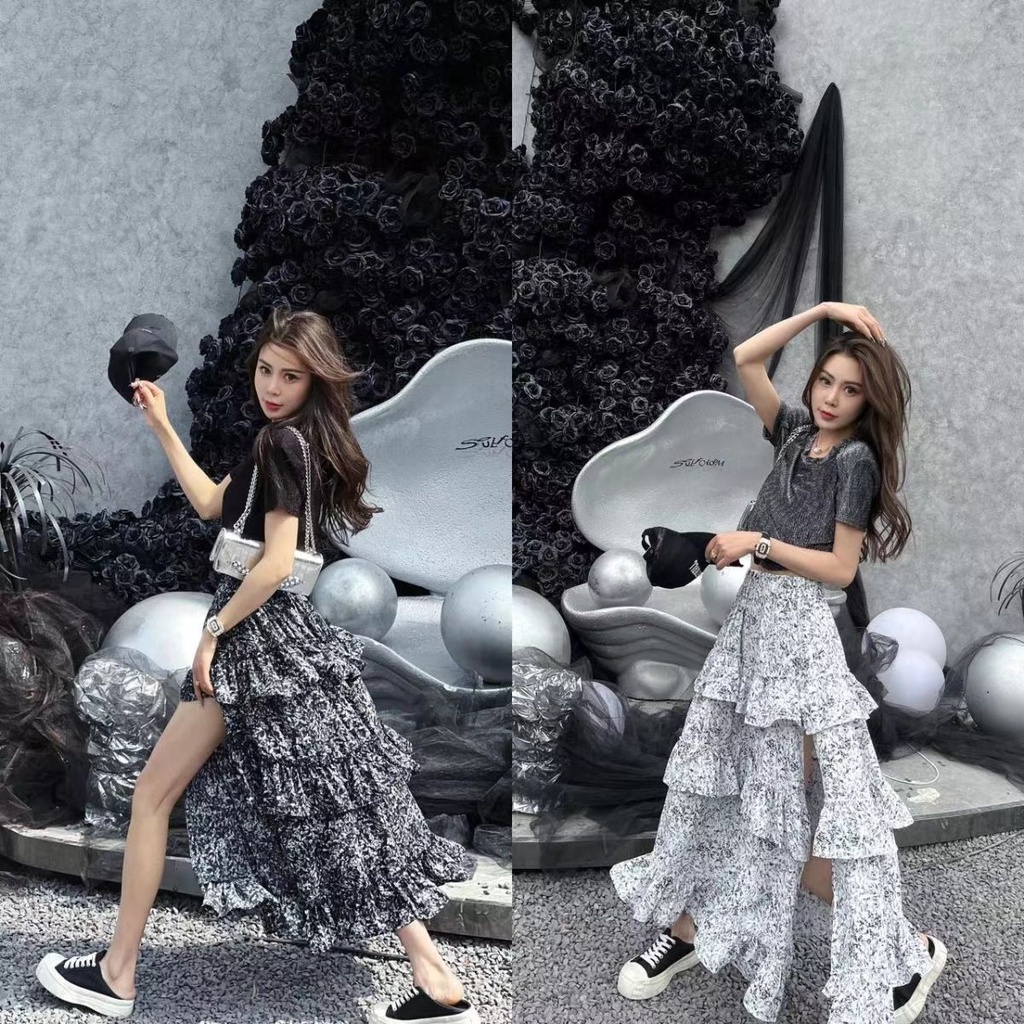 Bộ Áo Ngắn Tay Ôm Dáng + Chân Váy Hoa Lưng Thun Xẻ Tà Xinh Xắn Dành Cho Nữ