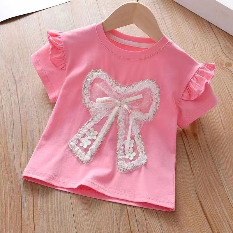 Bộ Áo Thun Ngắn Tay Đính Nơ + Quần Dài Kiểu Phương Tây Dễ Thương Thời Trang Mùa Hè Cho Bé Gái