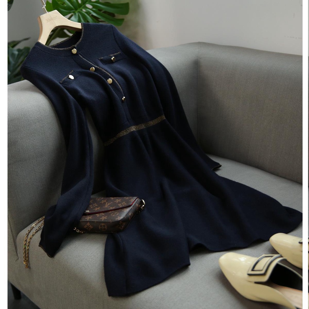 Đầm sweater Dệt Kim Dáng Chữ a Màu Đen Thời Trang Xuân Thu Cho Nữ