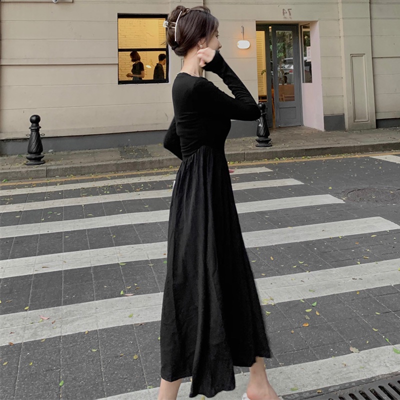 Mqaq hepburn Đầm Đen Dài Tay Cổ Vuông Phong Cách Pháp Thời Trang Xuân Thu Cao Cấp