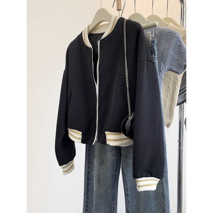 Áo Khoác Bóng Chày Dáng Ngắn Màu Đen Phong Cách retro Cho Nữ