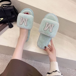 Dép lông quai ngang, dép lông nữ chữ đi trong nhà đế nhựa dẻo chống trơn trượt giữ ấm cho mùa đông