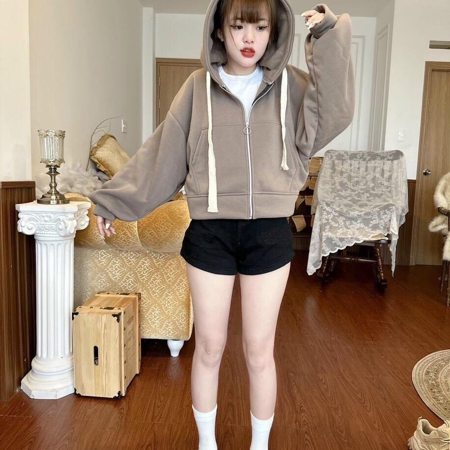 Áo khoác nữ lửng nỉ cotton nón rộng dây nón to