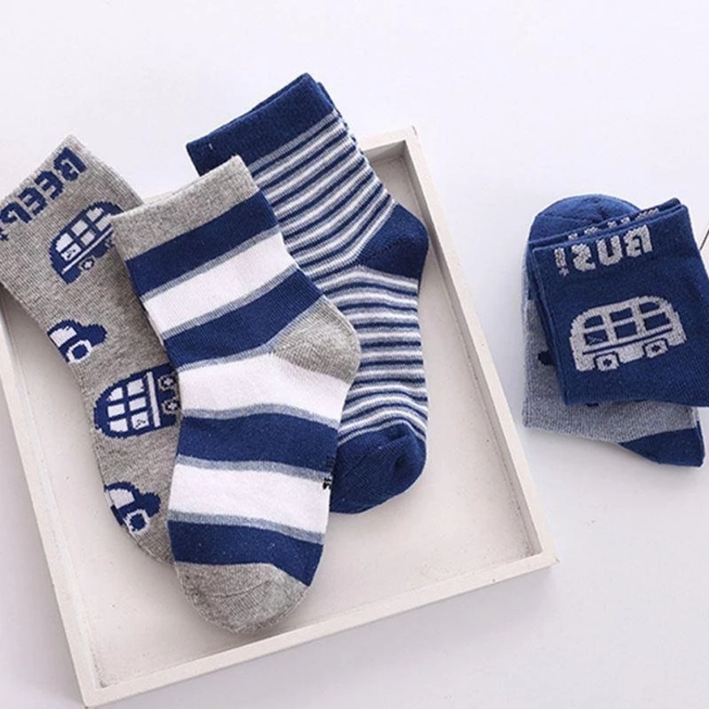 PVN61521 Set 5 đôi tất vớ cotton len họa tiết dâu tây, ô tô cho bé trai, bé gái