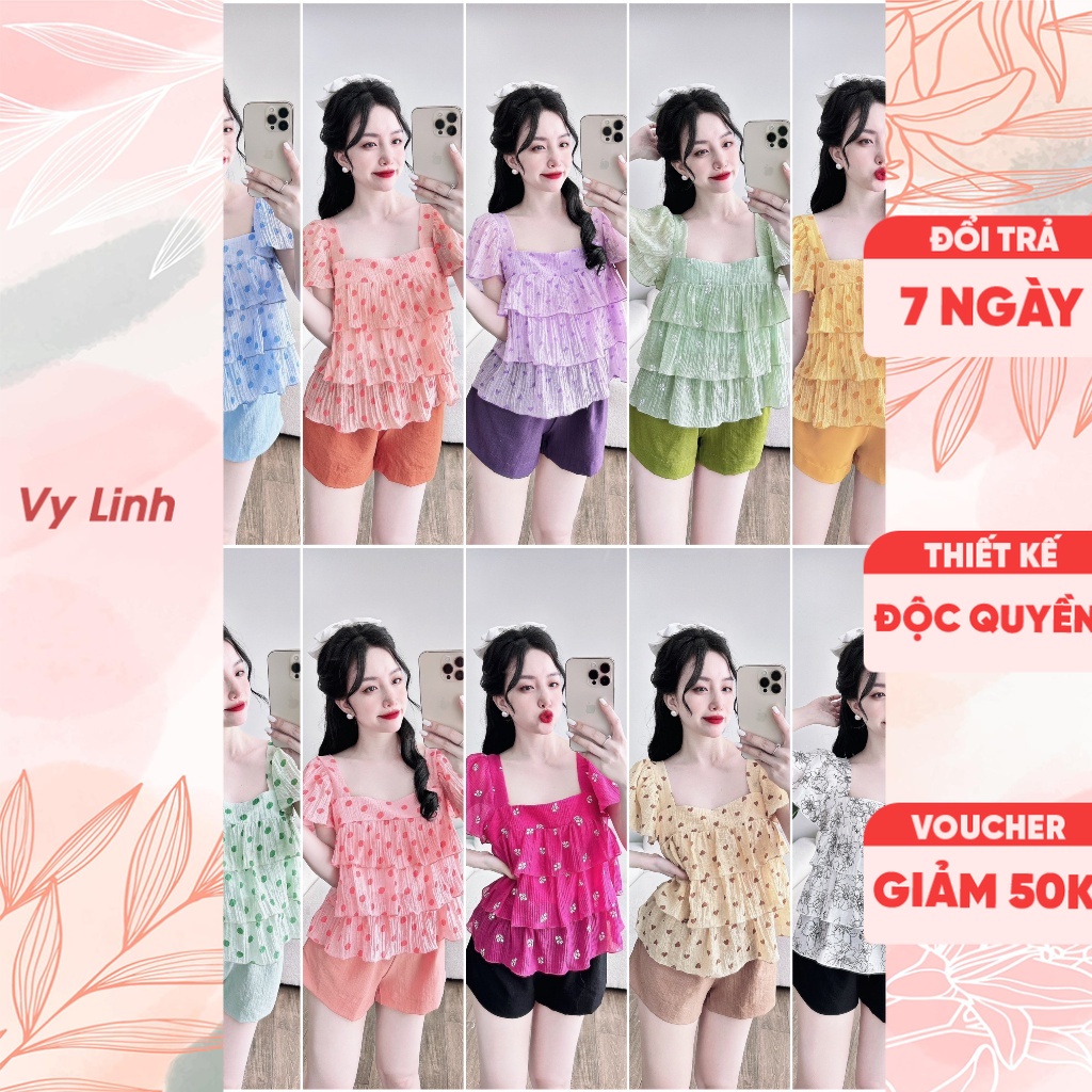 Bộ đồ ngủ đùi nữ cao cấp Vy Linh chất liệu vải tơ nhăn phối quần linen mặc thoáng mát, không nhăn S1021