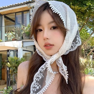 Ins hợp thời trang ren tam giác khăn màu be cô gái retro trang trí khăn trùm đầu nữ túi ren trang trí