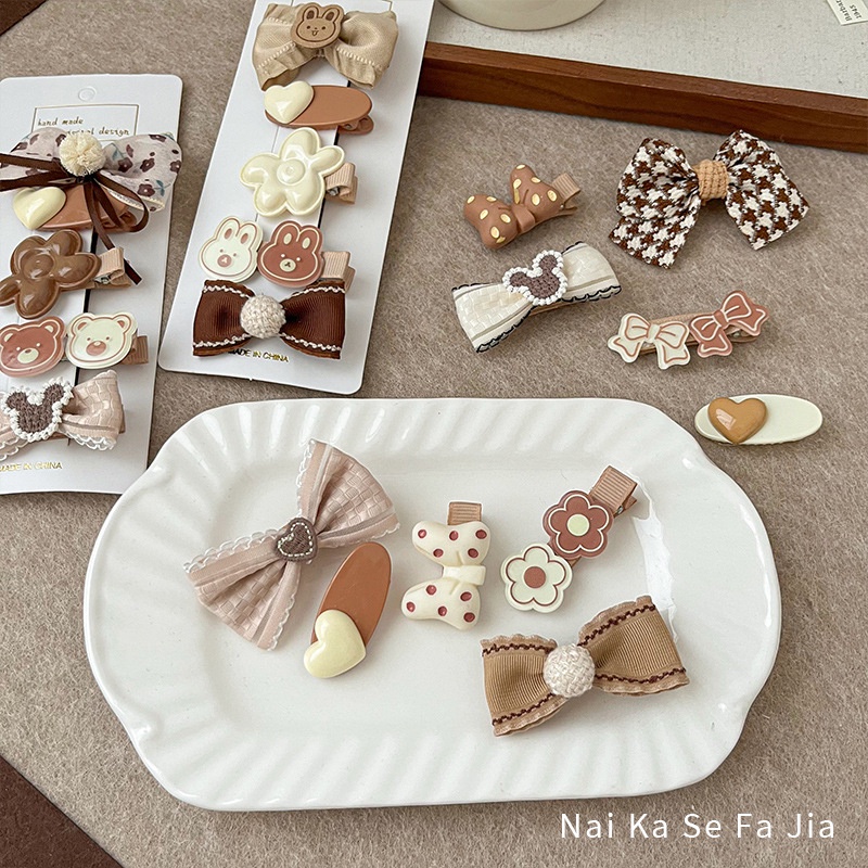 Set 5 Kẹp Tóc Nơ Màu Cà Phê Dễ Thương Dành Cho Bé Gái 2676