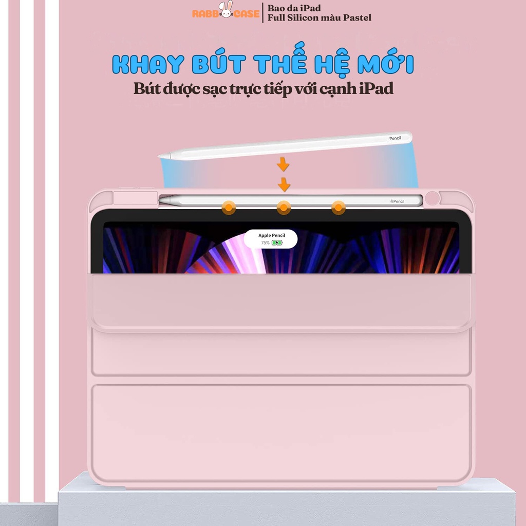 Bao da iPad Full Silicon, khay đựng bút bên phải, màu Pastel, mặt lưng silicon không ố vàng, góc chống sốc bảo vệ máy