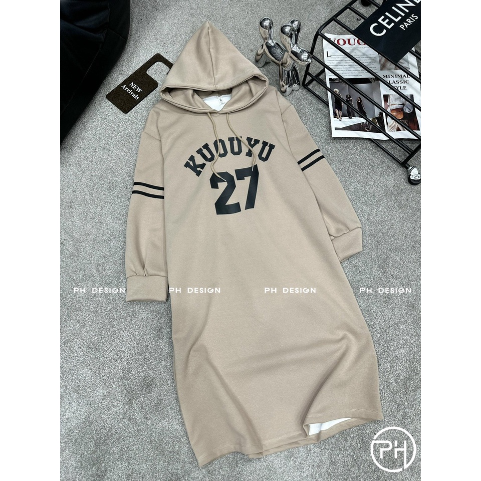 Váy bầu VN700 váy cotton nỉ hoạ tiết số 27,Đầm hoodie dáng dài, đầm bầu suông có mũ in hoạ tiết thời trang